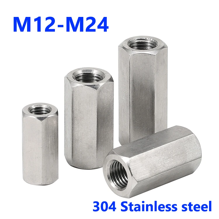 1Pcs 304 Stainless Steel Hex Extend Long Coupling Nut M12 M14 M16 M18 M20 M22 M24 Connector Joint Tubular Nuts for 3D Printer