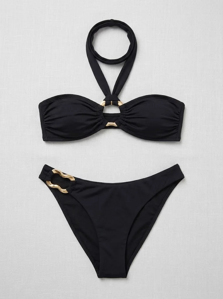 JEWELRY SEN Women Solid Black Halter‑Bandeau Bikini Set 2‑Piece Gold O‑Ring Cut‑Out High‑Cut Summer Beach Bathing Suit