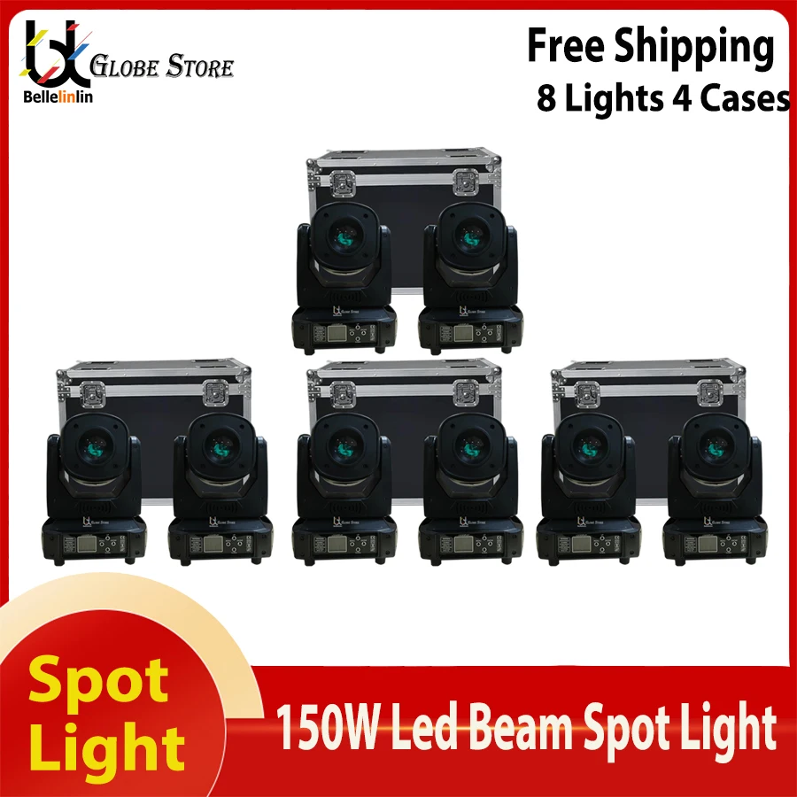 No Tax 8x 150W Led Spot Moving Head Light With 4 Flycase 12/14 channels 5 Prism Spot Light With Rotation Gobo For Dj Stage Dmx