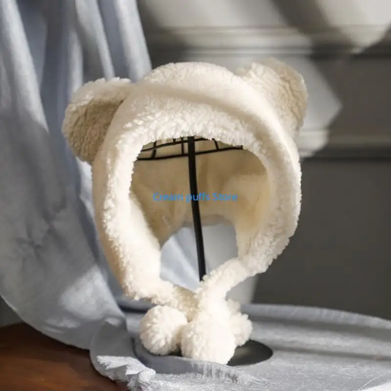 50LE Trapper Hat Plush Earflaps Cap Warm Lining Cartoon Bear Ears Skullcap