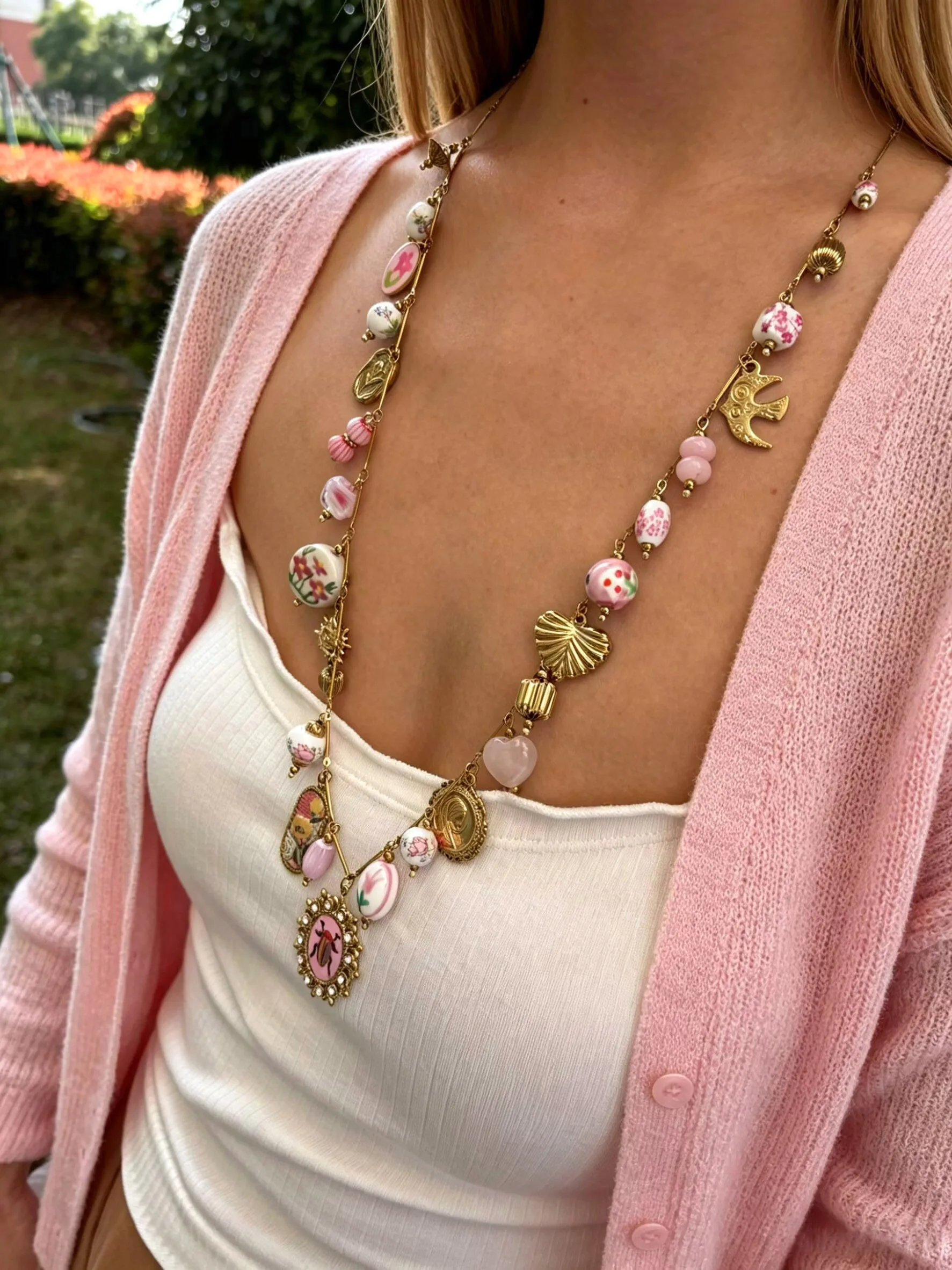 Peri'sbox Long Enamel Glass Ceramic Printed Natural Stone Pendant Necklace  Women Stainless Steel Waterproof Metal Chain Jewelry - view 4