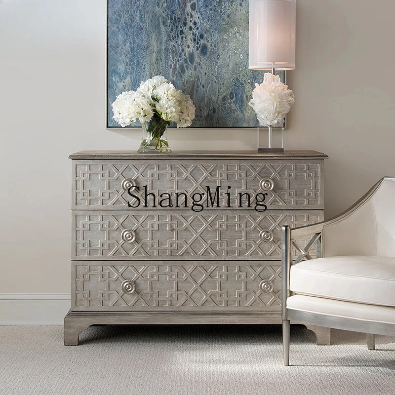 

CL modern light luxury silver old three-bucket cabinet villa entrance foyer entrance oak solid wood side cabinet