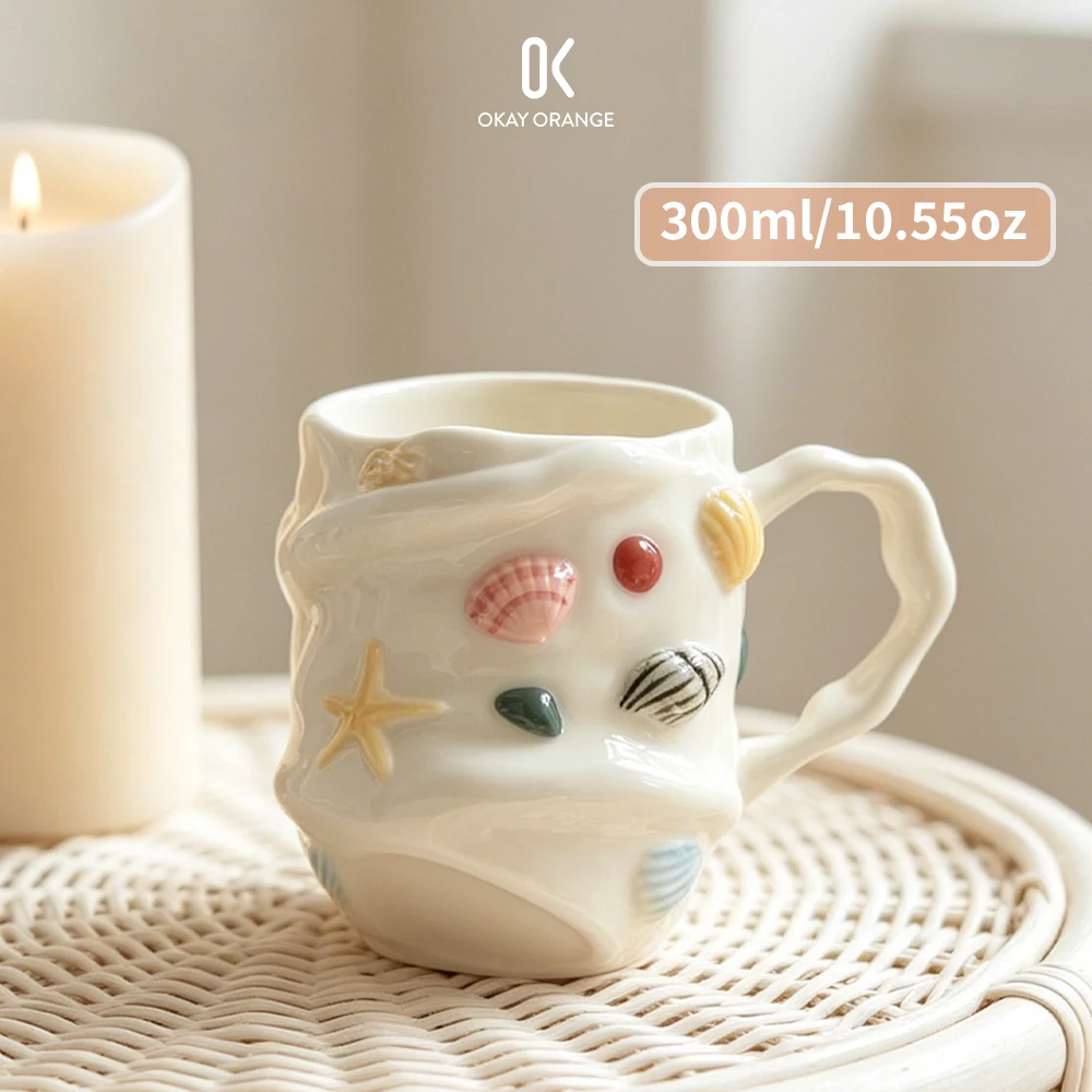 3D Seashell Starfish Ceramic Mug Irregular Embossed Coffee Cup Cute Ocean Theme Porcelain Tea Cup Creative Milk Latte Mug 300ml