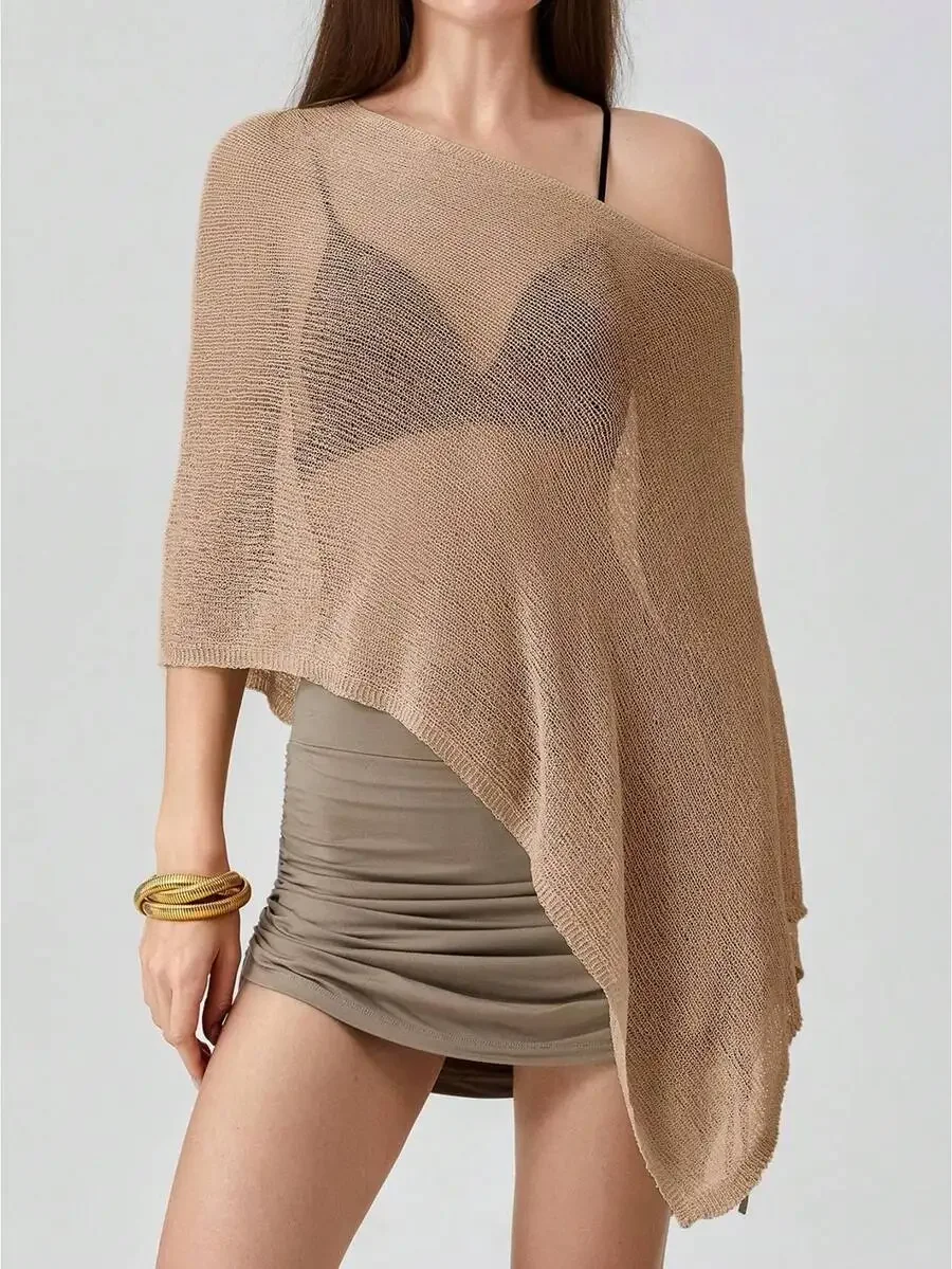 

Women Knit Cover-Up See-Through Solid Irregular Loose Pullover Beach Top Summer
