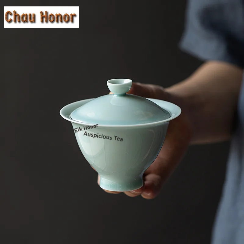 

110ml Hutian Kiln Shadow Blue Gaiwan Retro Tea Tureen Tea Bowl With Lid Kit Tea Making Cover Bowl Chinese Tea Set Ornaments Gift