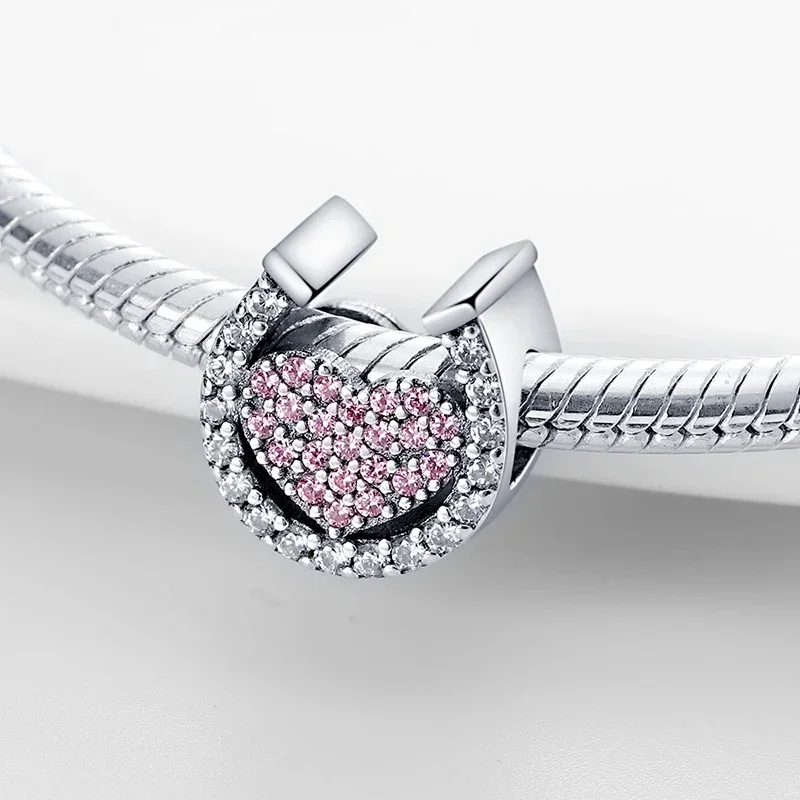 Charms Original 925er Silber vergoldet rosa Hufeisen-Herz-Symbol-Perlen für Armband, DIY, feines Geschenk, Frauen, zarter Schmuck, Zubehör