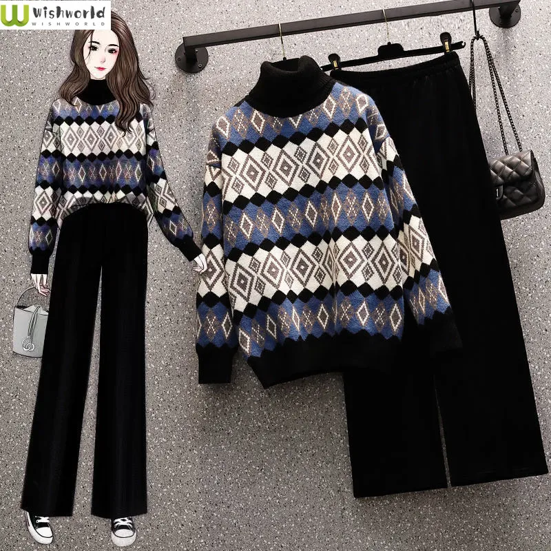 

Large Size Spring and Autumn Winter 2022 New Slim Thickened Knitted High Neck Sweater Casual Pants Two-piece Women's Suit