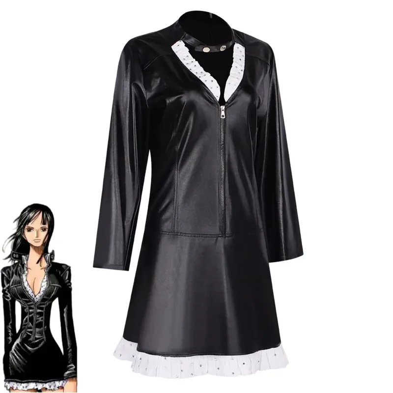 Disfraz de CyAnime Nico Robin, disfraz de Miss Allsunday, uniforme negro de PU, vestido de manga larga para mujer, traje Sexy de fiesta de cumpleaños y Carnaval