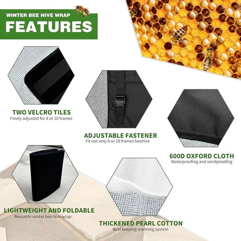 Winter Bee Hive Wrap for 8 and 10 Frame Hives, Adjustable Beehive Wrap Beekeeping Supplies, 600D Oxford Insulated Cover-AT35