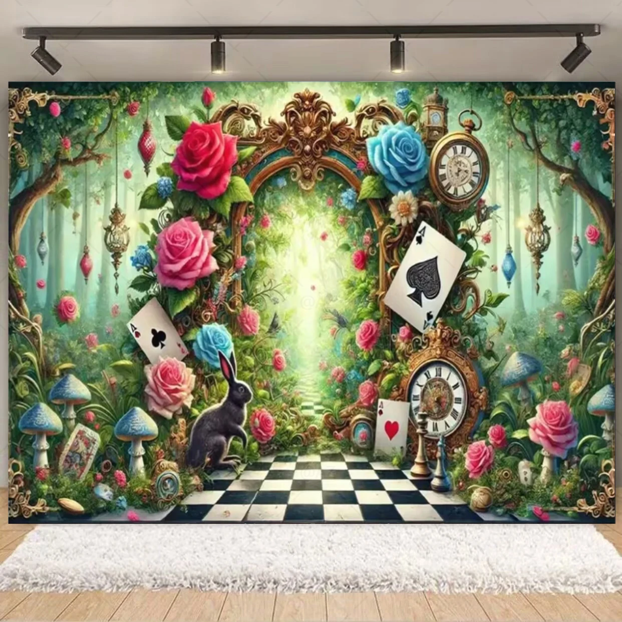 Bosque Encantado Alicia País de las Maravillas Photozone telón de fondo tablero de ajedrez de conejo decoración de fiesta de cumpleaños regalos para niñas suministros de baño para bebé