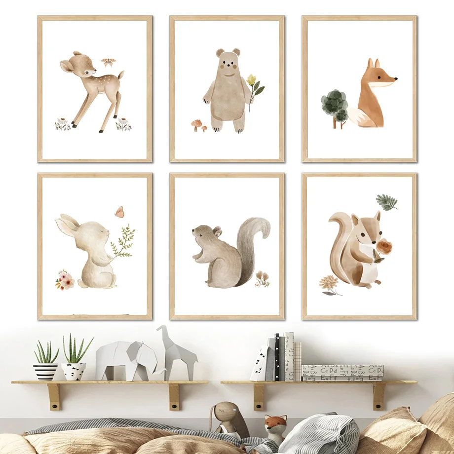 Woodland Animal Nursery Wall Art Neutral Forest Creature Canvas Prints Bear Fox Deer Squirrel Rabbit Posters Kids Bedroom Decor