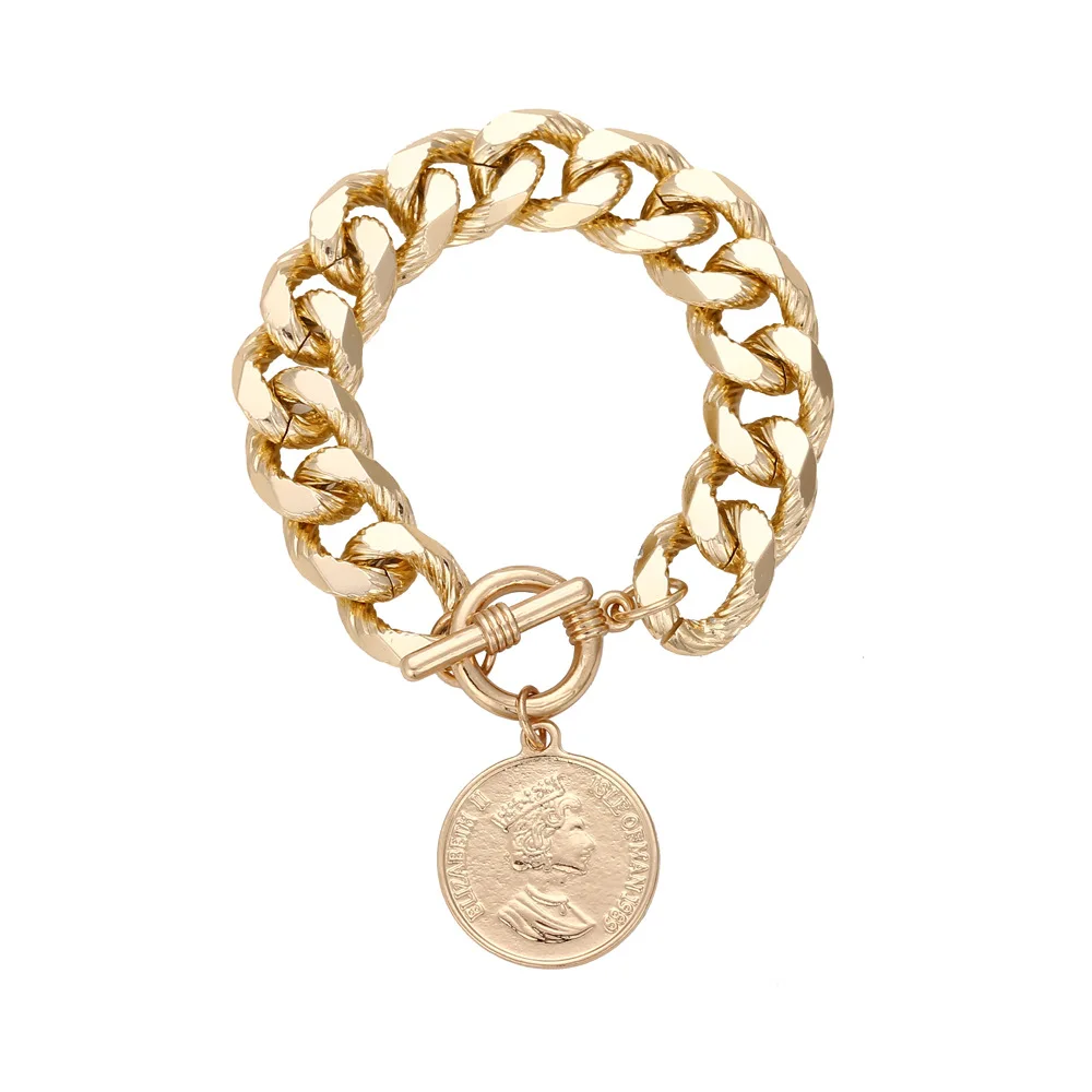 Exaggerated ins thick chain coin bracelet female retro hip hop character avatar round brand jewelry OT buckle