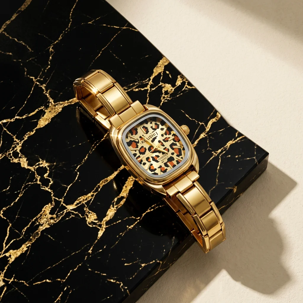 Women Leopard Print Dial Quartz Wrist Watch Golden Stainless Steel Band Square Analog Wristwatch for Ladies Daily Party Jewelry