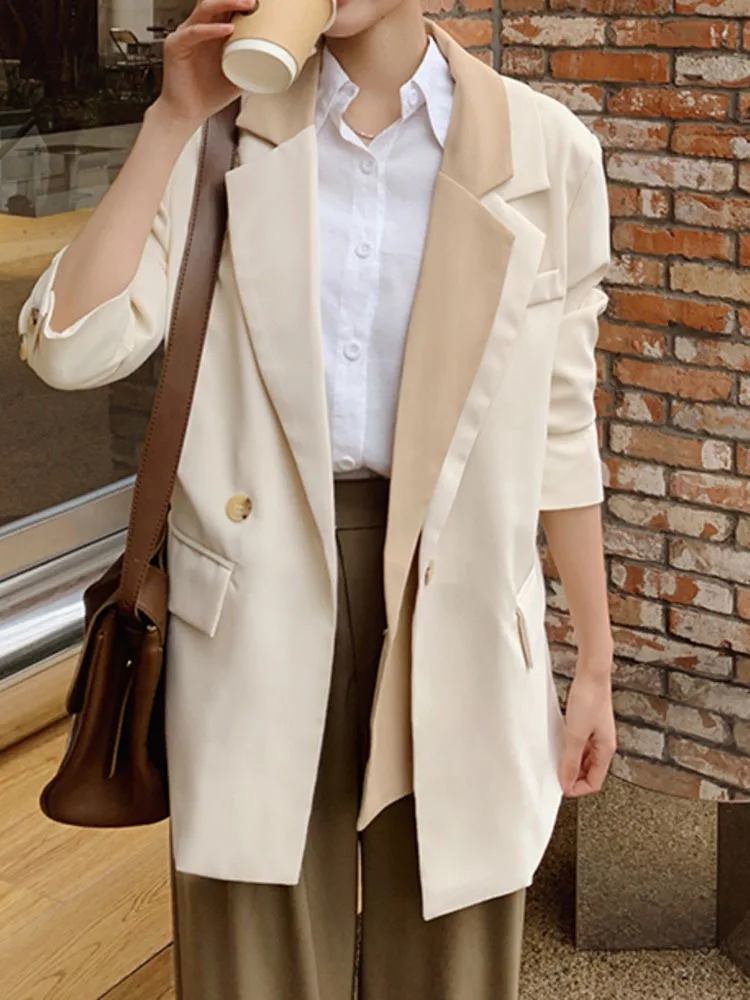 [EAM] Women Beige Double Layers Color-block Big Size Blazer New Lapel Long Sleeve Jacket Fashion Tide Spring Autumn 2024 1DH6243