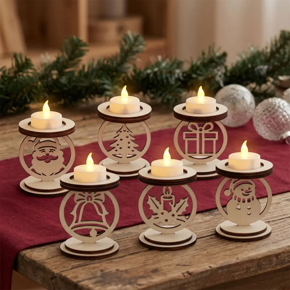 3Pcs Hollowed Out Wooden Christmas Candle Holder Tree Snowman Snowflake Bell Pattern Christmas Tea Light Holder Stable Base