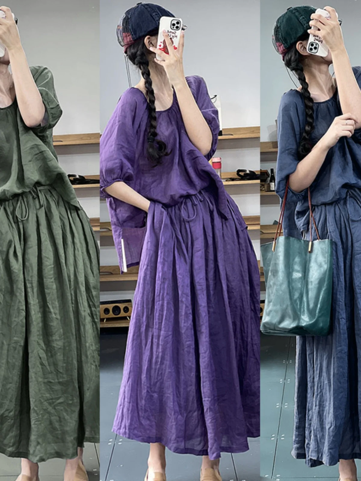 

Cotton Linen Set Ele Summer Forest System irt Loose f Skirt Two Piece Set Faionable round Ne Seven Sve