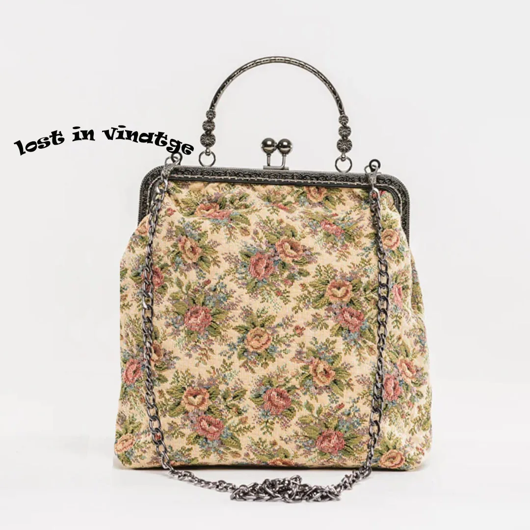 

Lost in Vinatge Rose Jacquard Blanket Fabric Jacquard Embroidered Flowe Hawksbill Metal Handle Handbag Plus Bag 20x20x6cm