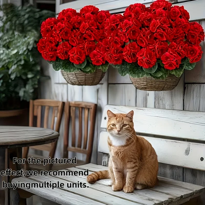 Geranios Artificiales Rojos, Flores Falsas Realistas de Plástico Resistentes a los Rayos UV, Decoración para Interiores y Exteriores, Hogar, Jardín, Bodas, Pascua, Día de la Madre