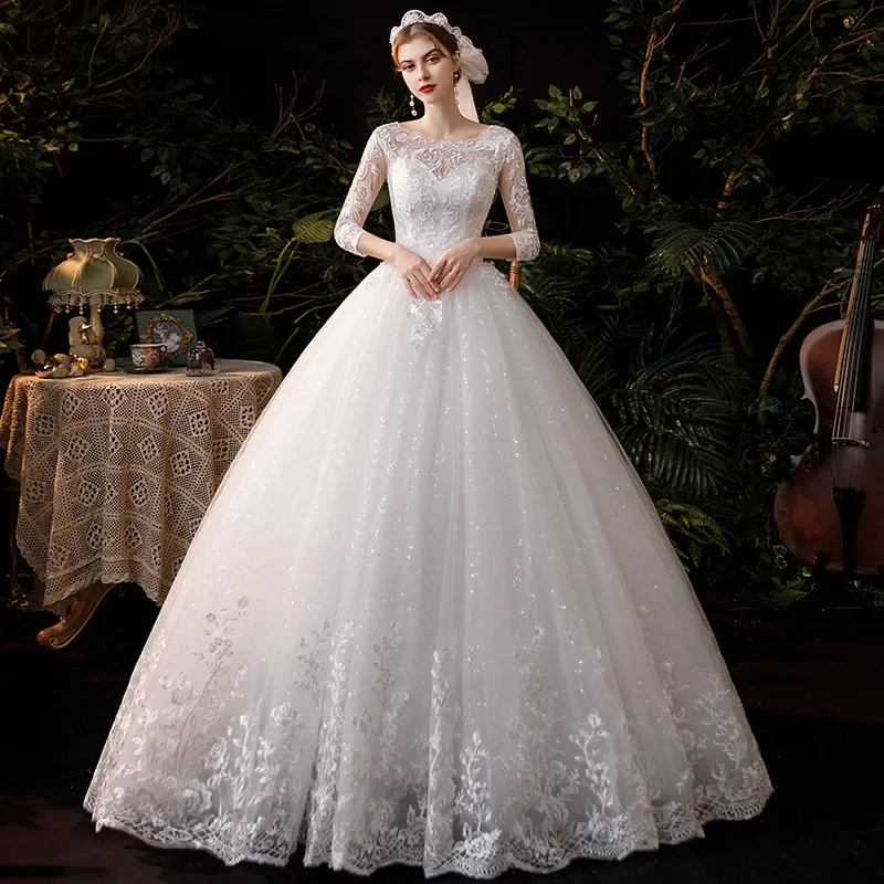 It's Yiiya cusotmized White Wedding Dress Embroidery O-neck 3/4 Sleeves Lace up Princess Floor-length Plus size Bride Ball Gowns