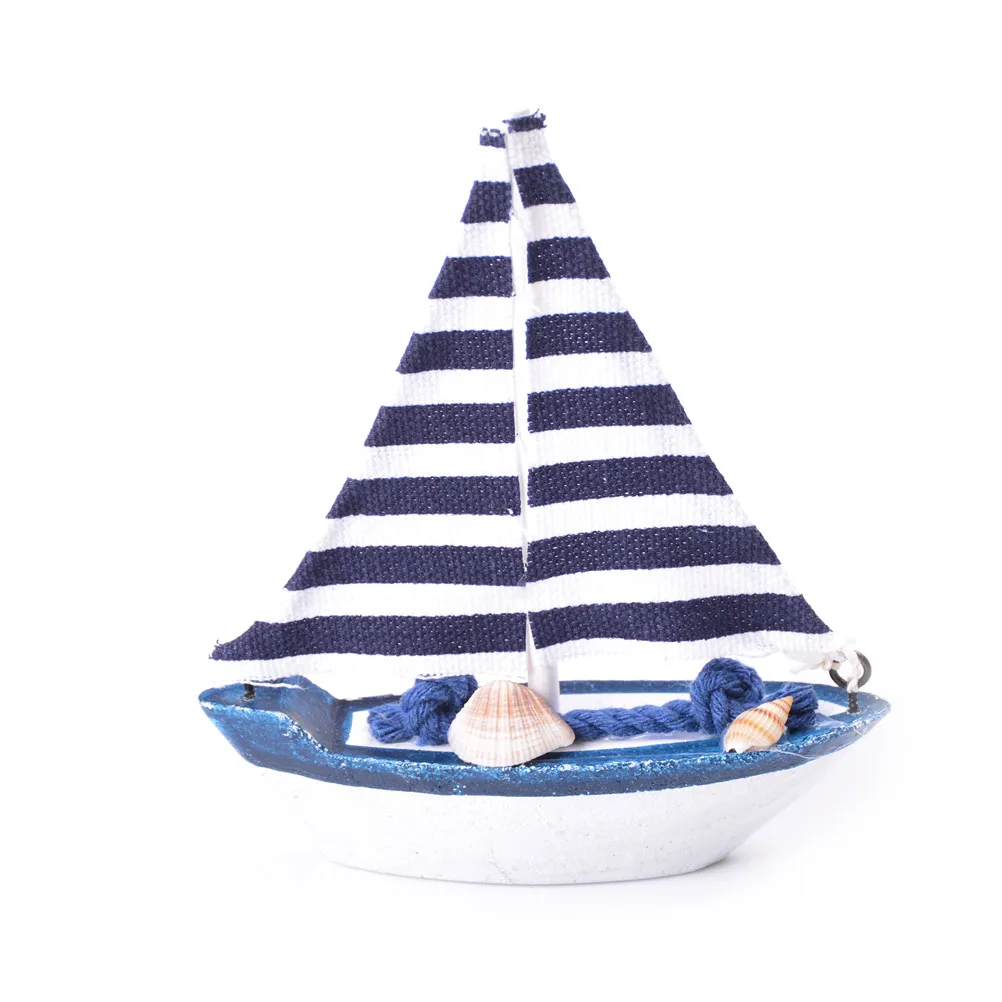 Vintage Mediterranean Style Marine Nautical Wooden Blue Sailing Boat Ship Wood Crafts Ornaments Party Home Room Decoration