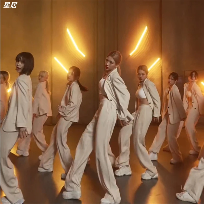 Kpop Women Group Jazz Dancer Outfit Women Street Wear Blazers Jacket Festival Clothing Rave Hip Hop Straight Pants Stage Costume