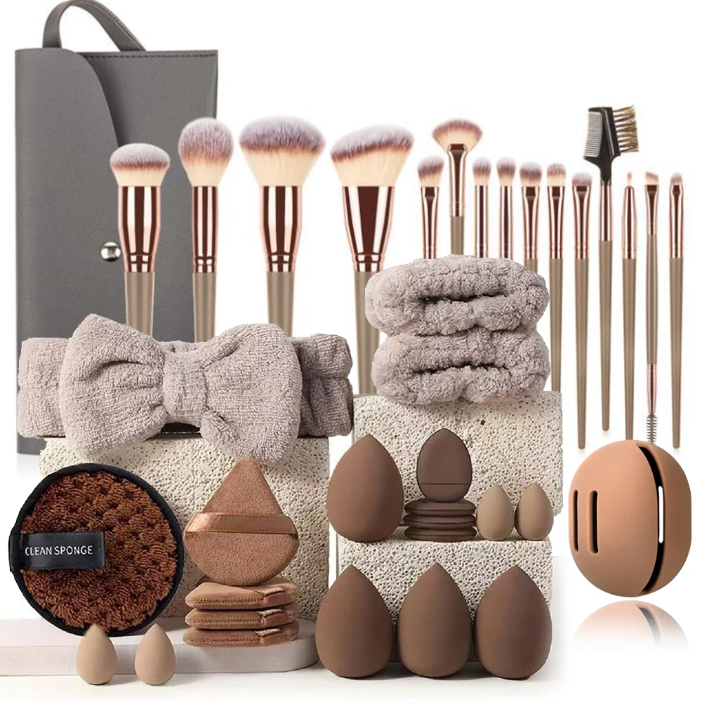 مجموعة أدوات مكياج مكونة من 37 قطعة - أداة مكياج مكونة من 15 قطعة + مجموعة منتفخة بودرة مكونة من 17 قطعة + حامل إسفنجة مكياج، رباط شعر وسوار معصم #1