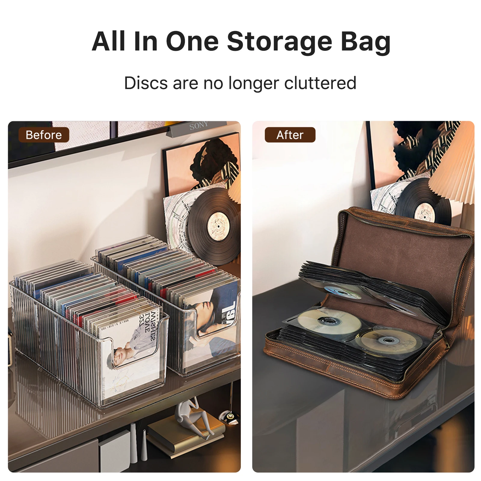Genuine Leather Large Capacity Zipper CD DVD Wallet Holder Bag 80 Discs Album Organizer Media Storage Case CD DVD Clutch