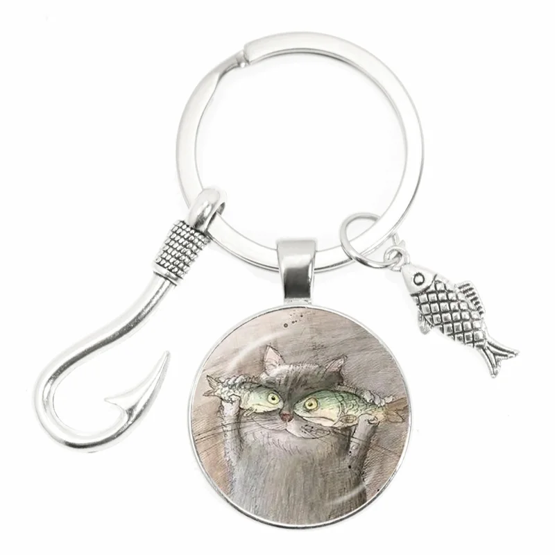 Naughty Cat and Fish Glass Pendent Keychain Fishing Master Key Rings for Women Men and Cute Girl