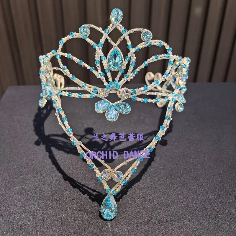 Ballet crown headpiece set decorated with blue rhinestone flower hollow tiara with pendant forehead ornament for ballet stage pe