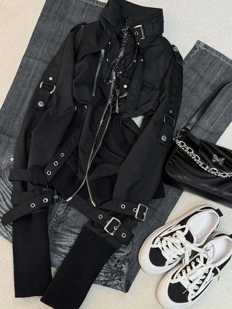 Women American Retro Biker Jacket Autumn Gothic Vintage Metal Buckle Design Slim Coat Y2K Harajuku Long Sleeve Zip Outerwear New