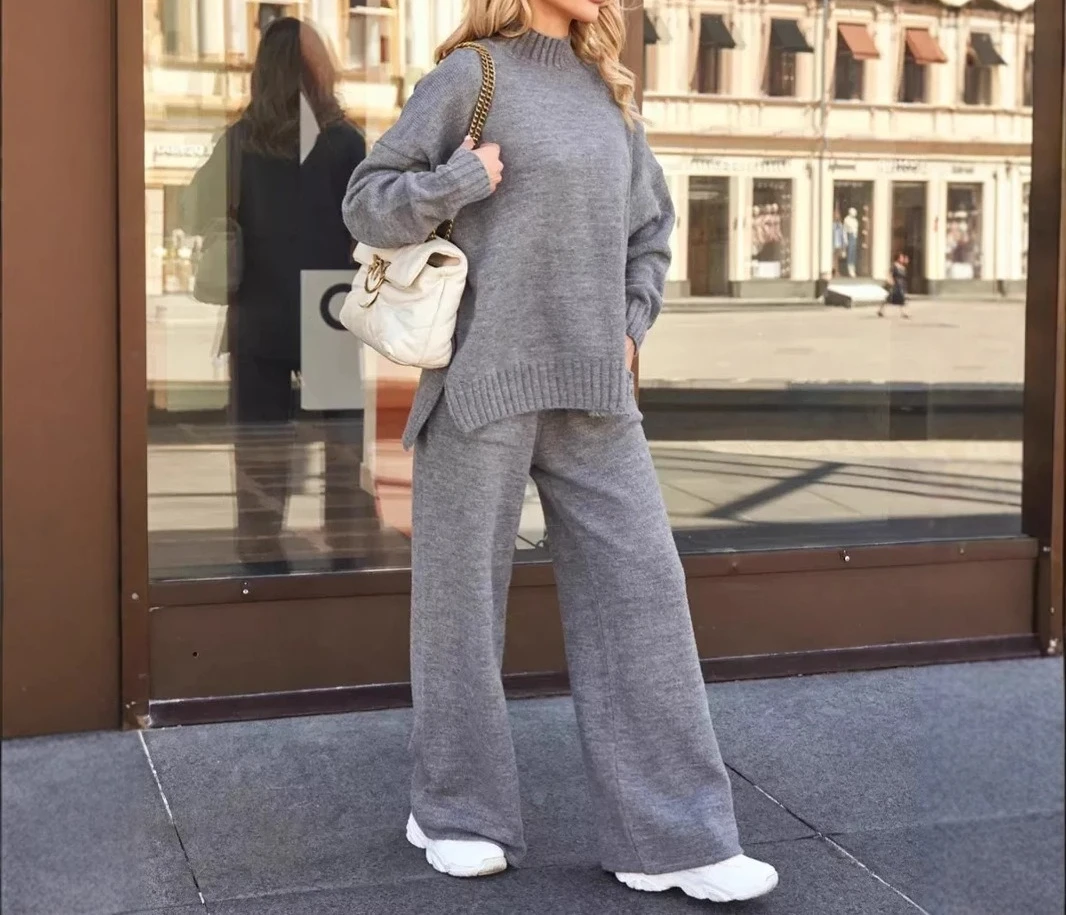 

Knitted Turtleneck Sweater Suit Women's 2025 Autumn Winter New Loose Long Sleeve Trousers Knit Suit Women
