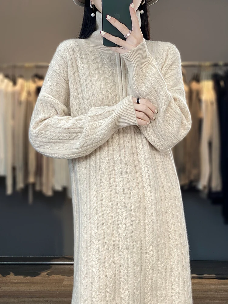 

Осенне-зимнее женское платье-пуловер, вязаный свитер из 100% мериносовой шерсти, толстый повседневный свободный воротник на молнии с отложным воротником