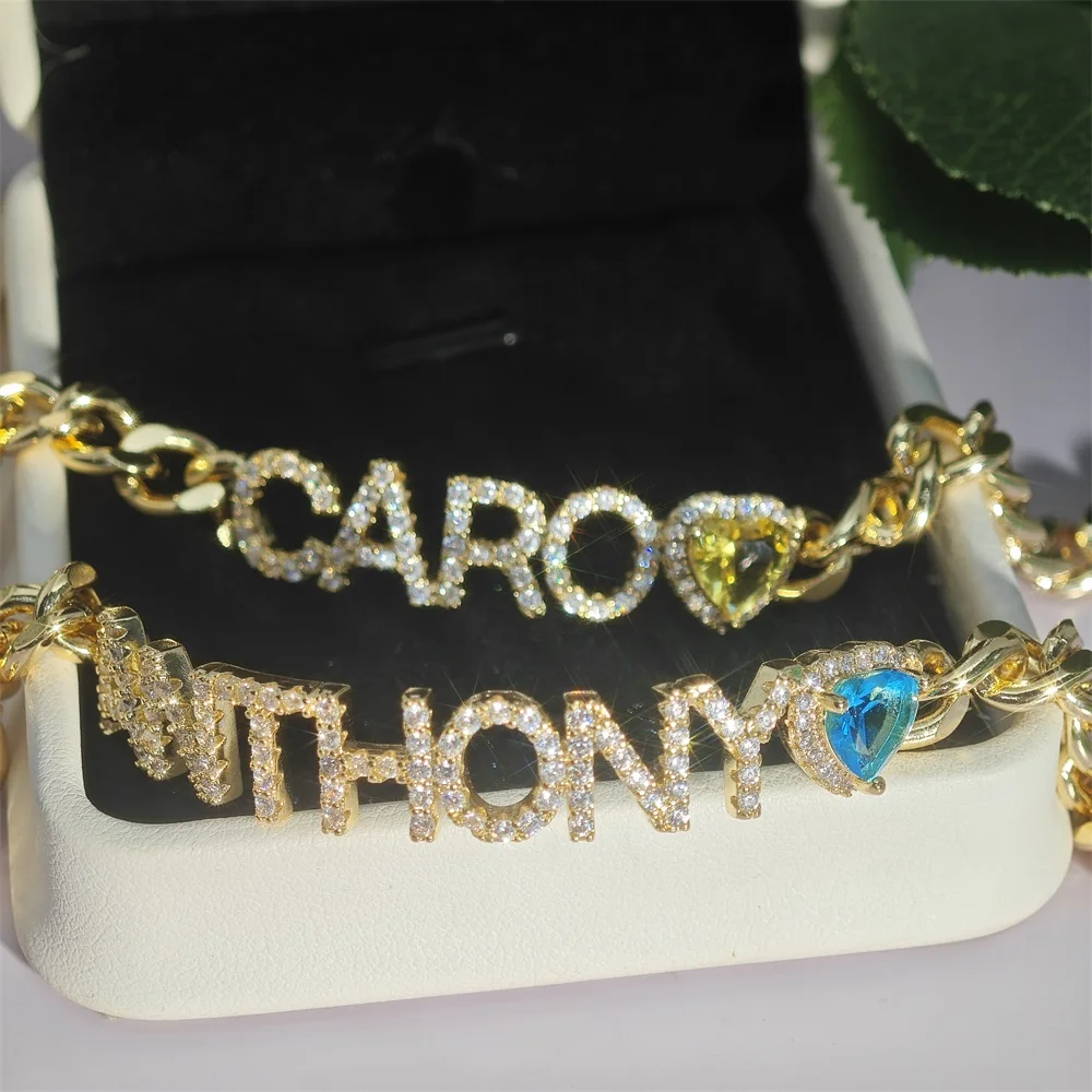 2023 Personalized Heart 12 Birthstone Name Bracelet Custom Letter Chunky Cuban Chain Bracelet For Women Party Jewelry Gifts