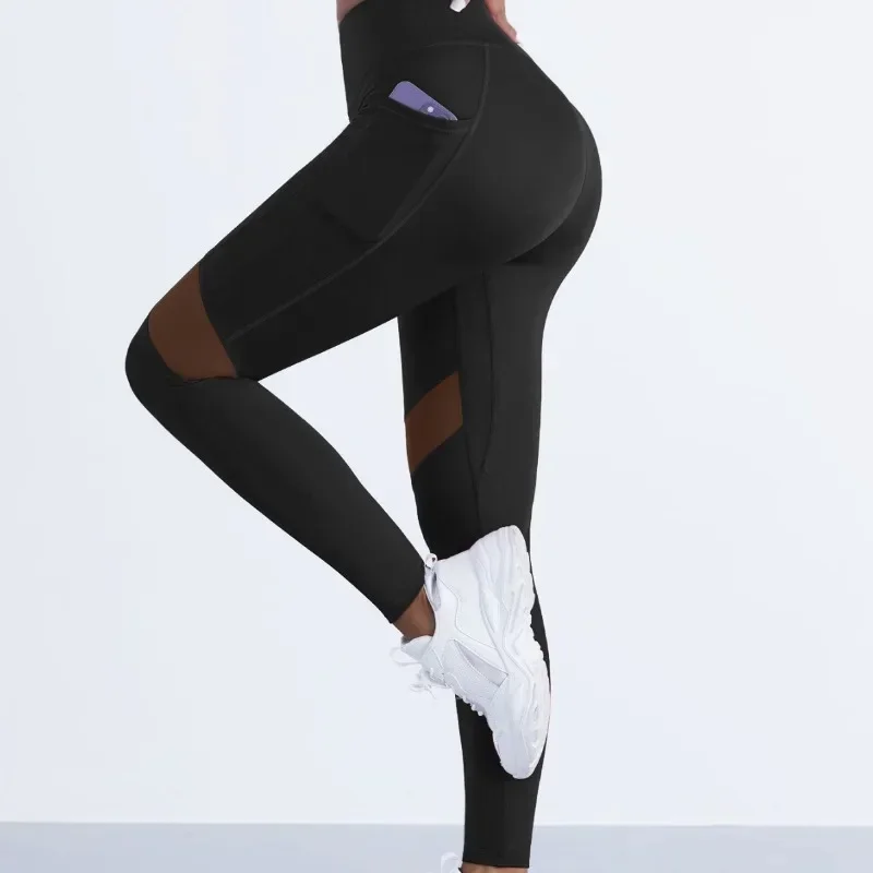 Mesh Splicing Yoga Leggings for Women Slim Elastic Leggings High Waist Hip Liftting Pants Ourdoor Trainning with Pocket Tights