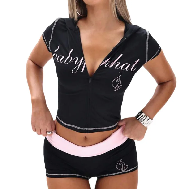 

Letter Print Hooded Short Sleeve Set Summer Fashion Women With Contrasting Color Folded Waistband Shorts Street Personalized Set