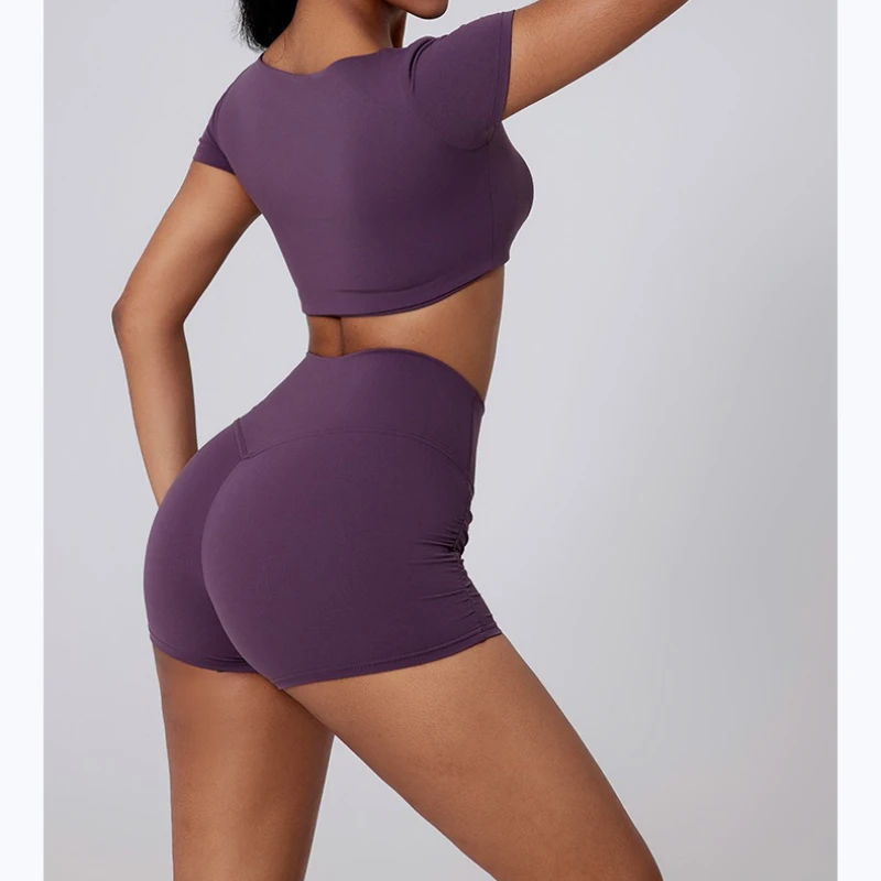 

Women'S Short Sleeve Crop Top Yoga T Shirt Bare Feel Solid Color for Running & Fitness Push Up Outfits Sports Wear Summer Shorts