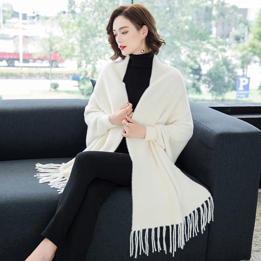 Autumn Winter Bat Sleeves Cloak Shawl Women\'s Faux Mink Velvet Poncho Sweater Long Cardigan Fashion Tassel Cloak Thicken Capes