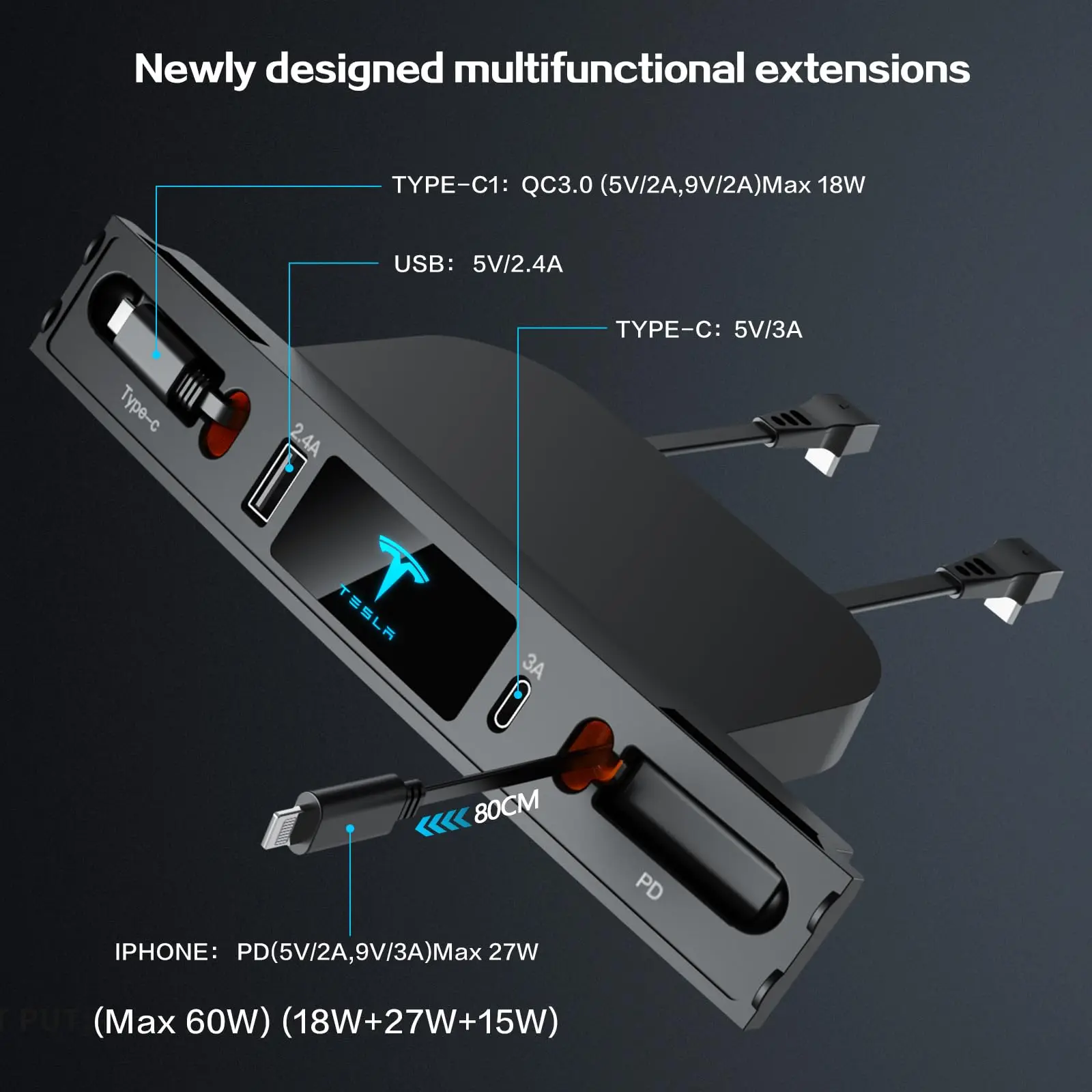 Car USB Charger Multi Port for 2021-2022 Tesla Model 3/Y,Multifunctional Tesla Accessories with Retractable Cable,Tesla USB Hub