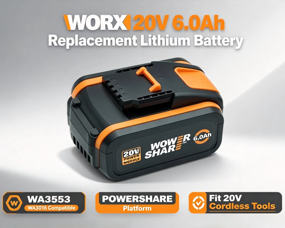For WORX POWERSHARE Series 4 Pin 20V 6.0Ah Lithium Battery, Replacement Battery Fit WORX 20V Electric Drill Grinder Wrench