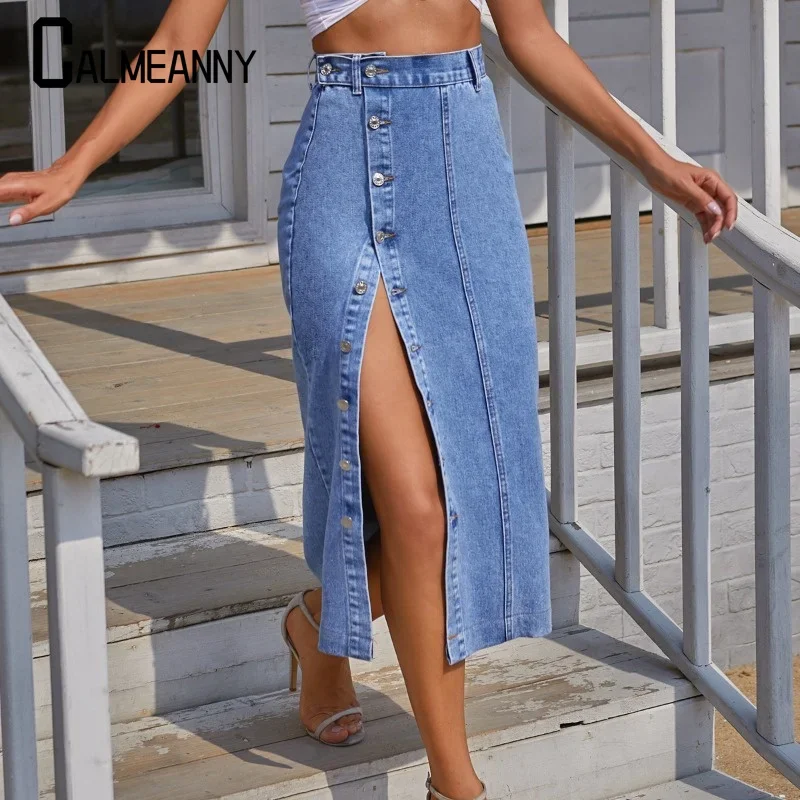 

Women Skirt 2024 Summer Autumn New Casual High Waist Side Sewn Women's Denim Skirt Buttons A-line Midi Denim Long Split Skirt
