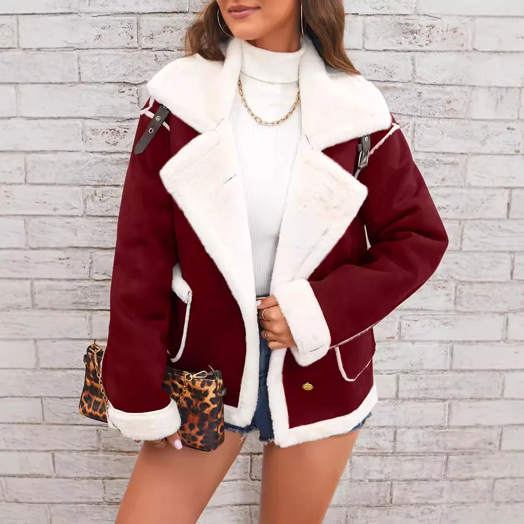 Women Shearling Jacket Casual Short Coat Y2k Turn Down Collar Long Coats Single Breasted Loose Street Wear Thick 2025 Winter