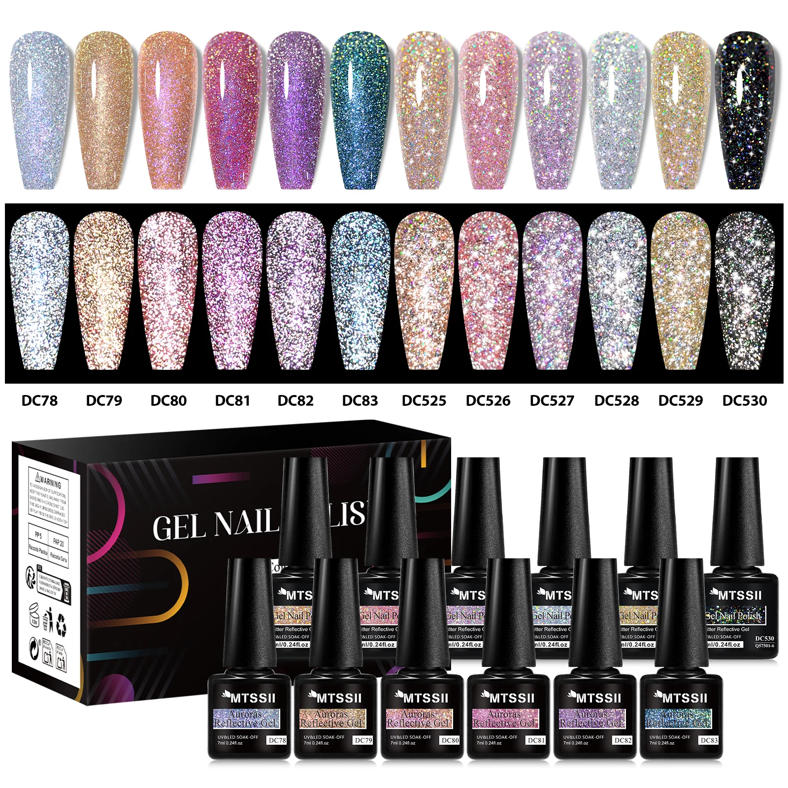 MTSSII 12pcs Reflective Glitter Gel Polish 7ml Neon Fluorescent Black White Red Sparkle Colors UV LED Nail Art Manicure
