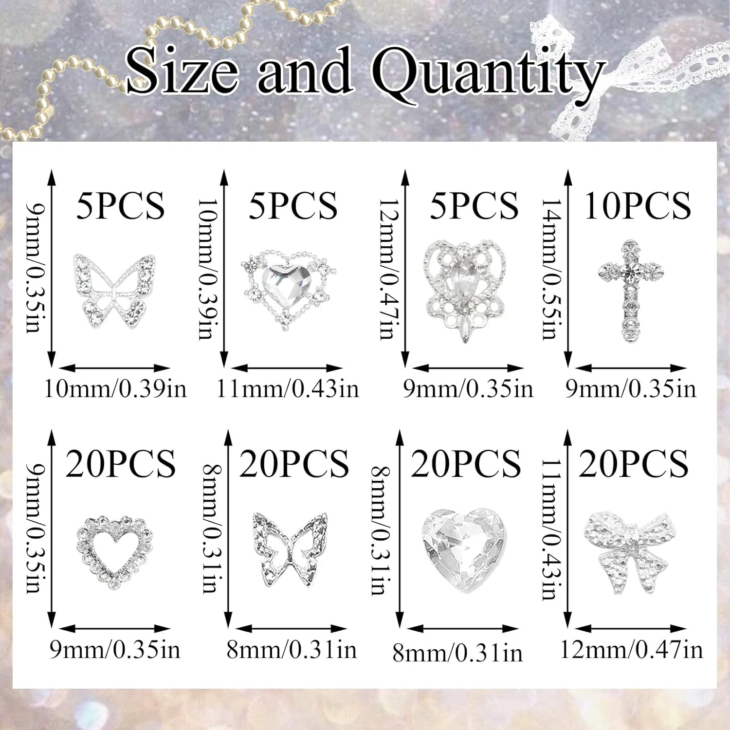 100PCS Silver Nail Charms 3D Bows for Nails 8 Shapes Butterfly Nail Charms Shiny Crystal Heart Nail Charms Alloy Silver Nail