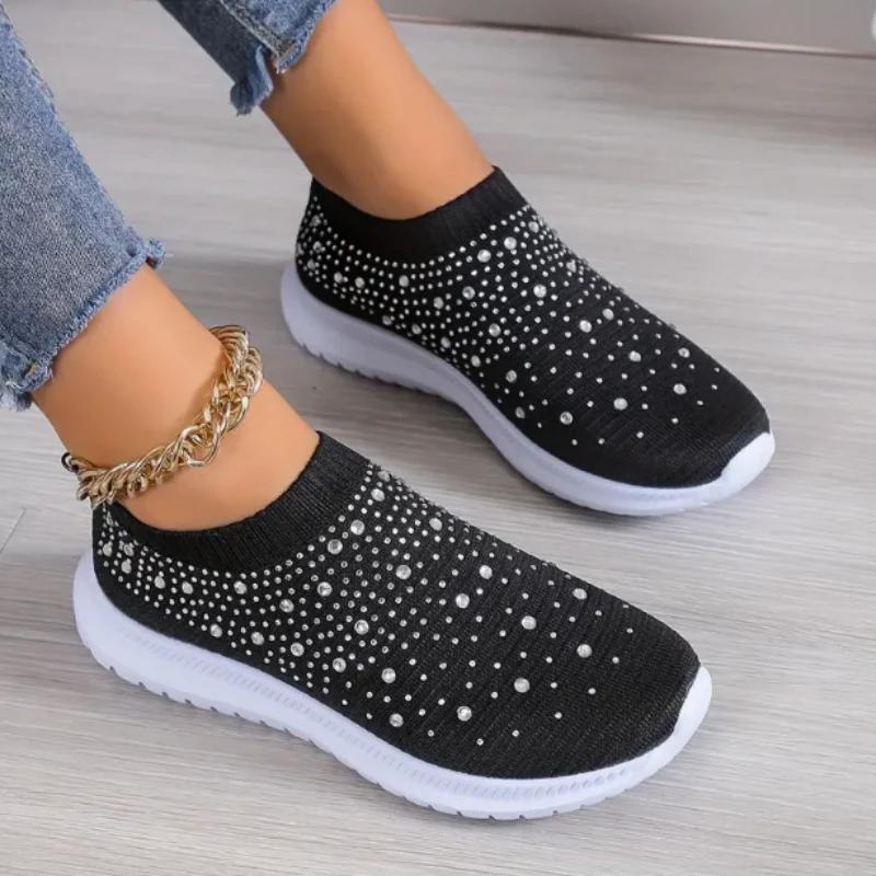 Rimocy Crystal Breathable Mesh Sneaker Shoes for Women Comfortable Soft Bottom Flats Plus Size 43 Non Slip Casual Shoes Woman