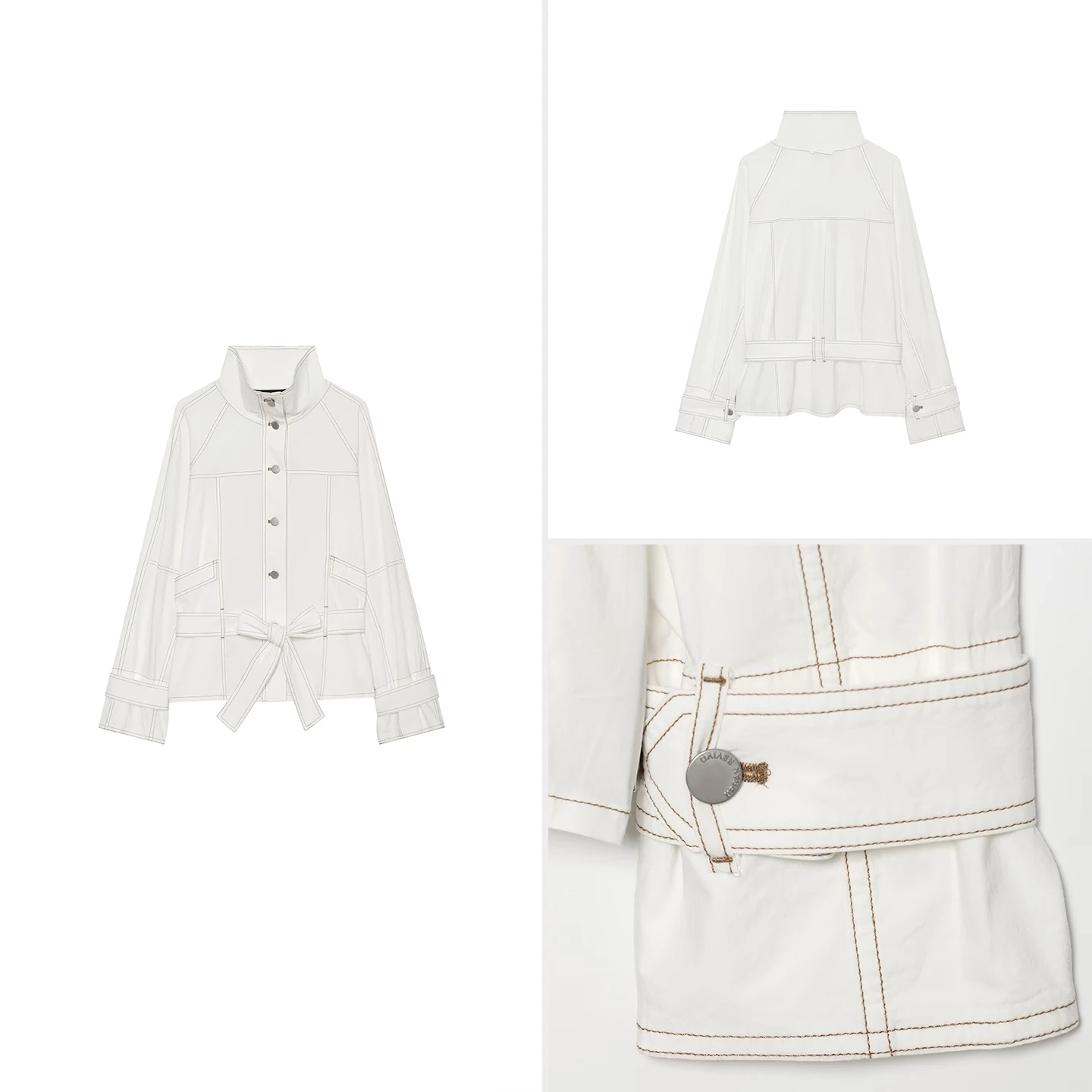 Women's Fashion Outerwear Belt Stand Collar Embroidery Color Block Stitching Summer 2026 Zadata Standard Fit Short Coat