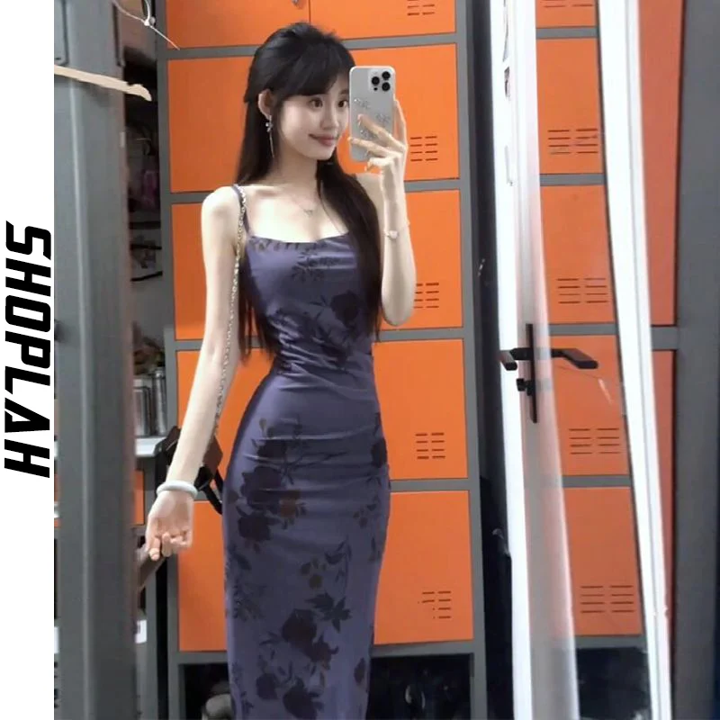 2024 Spring/Summer Korean Edition New Purple Print Slim Dress Fashion Slim Fit Style Split Dress Trend