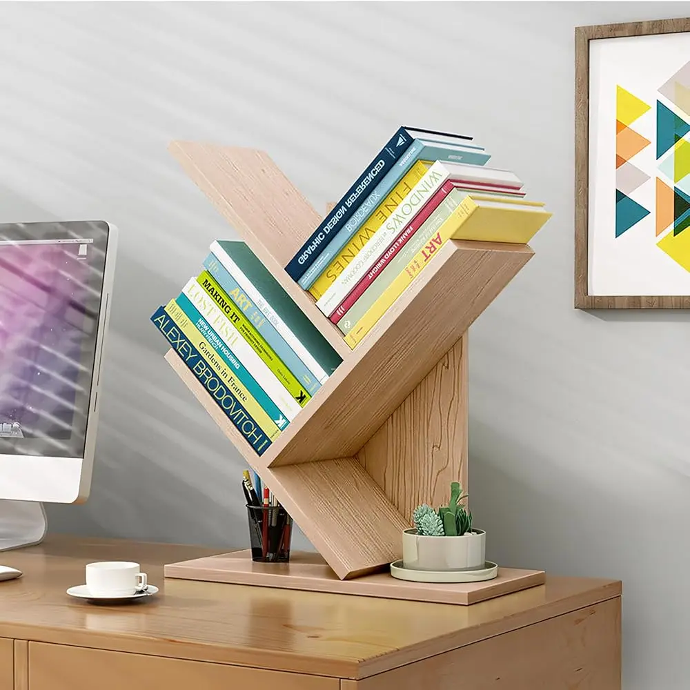 

Small Bookshelf - Mini Desktop Bookshelf With Installation Tools, Compact Book Shelf Organizer For Desk, Office & Home(Natural)