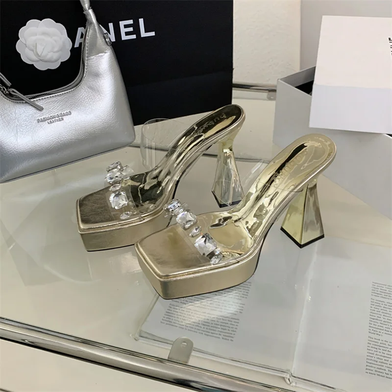 Women PVC Transparent Open Toe Woman Slippers Ladies Fashion Crystal Thick High Heel Summer Ladies Shoes Zapatillas De Mujer