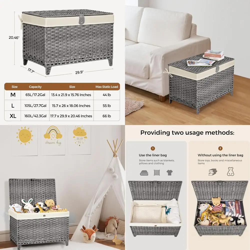

Wicker Storage Basket with Lid, Rattan Shelf Basket with Detachable Liner, 160L Storage Bin, Enhanced Storage Trunk, Storage Con