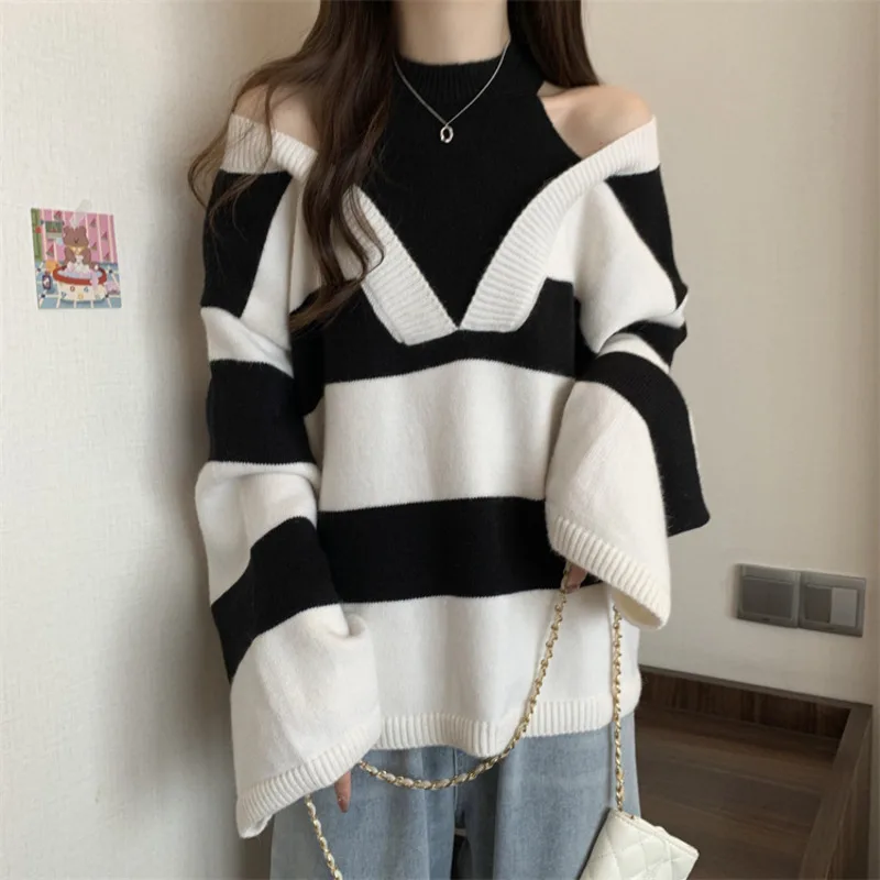 Unique Design Fake Two Pieces Halter Strapless Women\'s Long Sleeved Knitted Sweater Fashion Trends Knitwear Loose Fitting Top